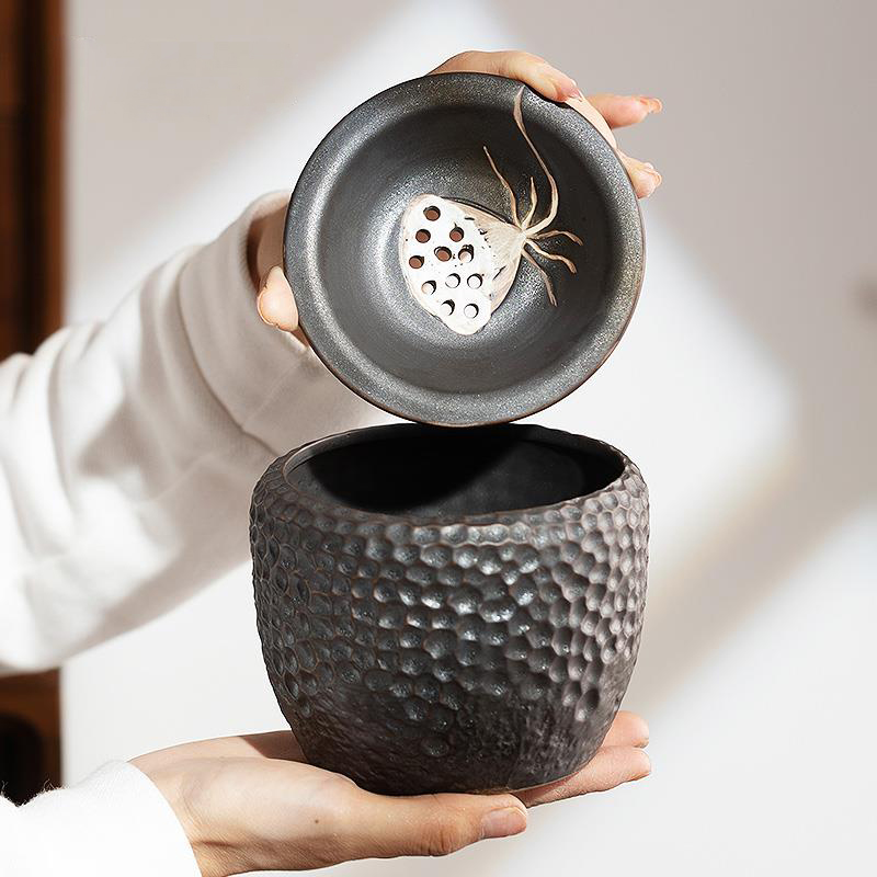 复古鎏金莲蓬建水 中式小茶渣缸窑变锤纹铁锈釉废茶水桶陶瓷茶具
