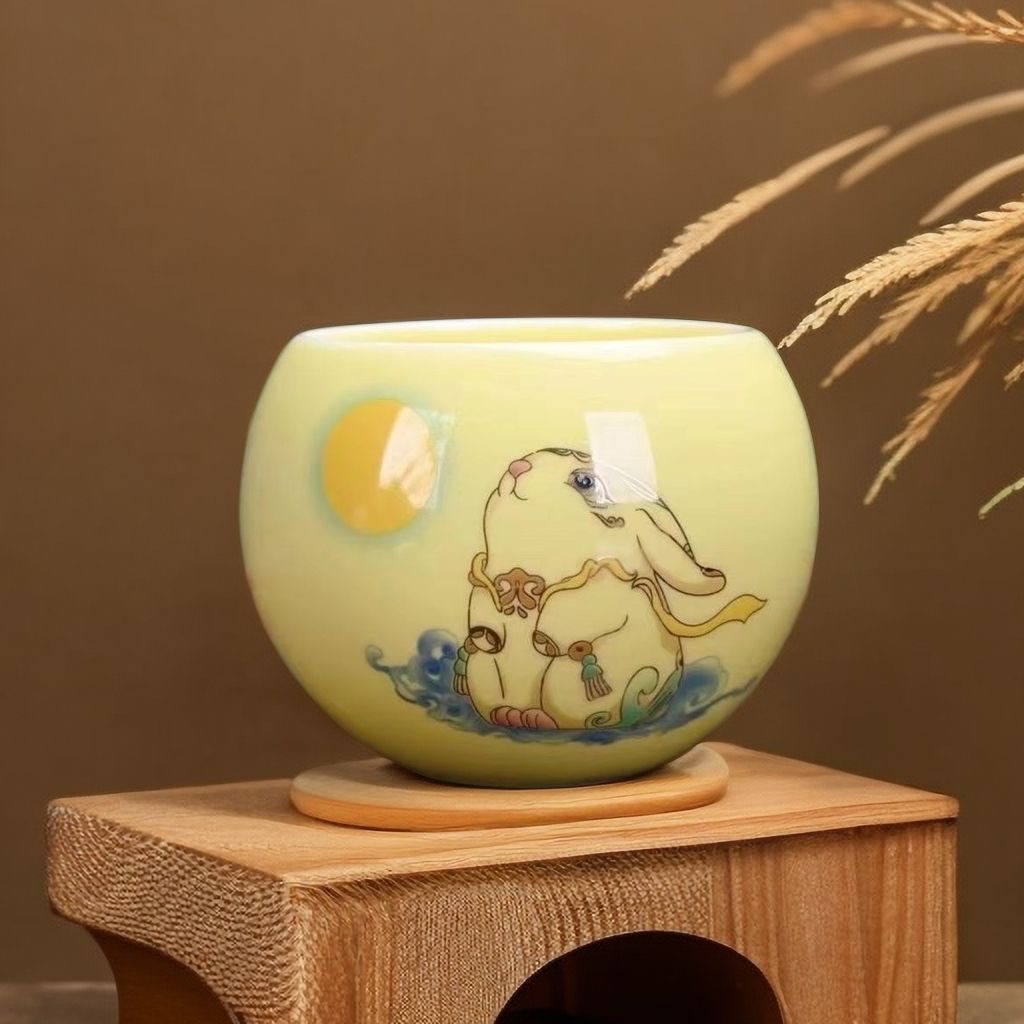 建盏功夫茶杯茶盏玉兔望月龙蛋杯(黄)手工精美陶瓷茶杯茶具主人杯