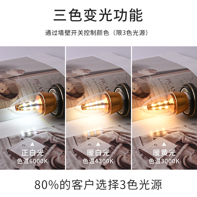 LED灯泡节能螺口超亮吊灯高亮家用三色客厅护眼暖光蜡烛灯水晶灯
