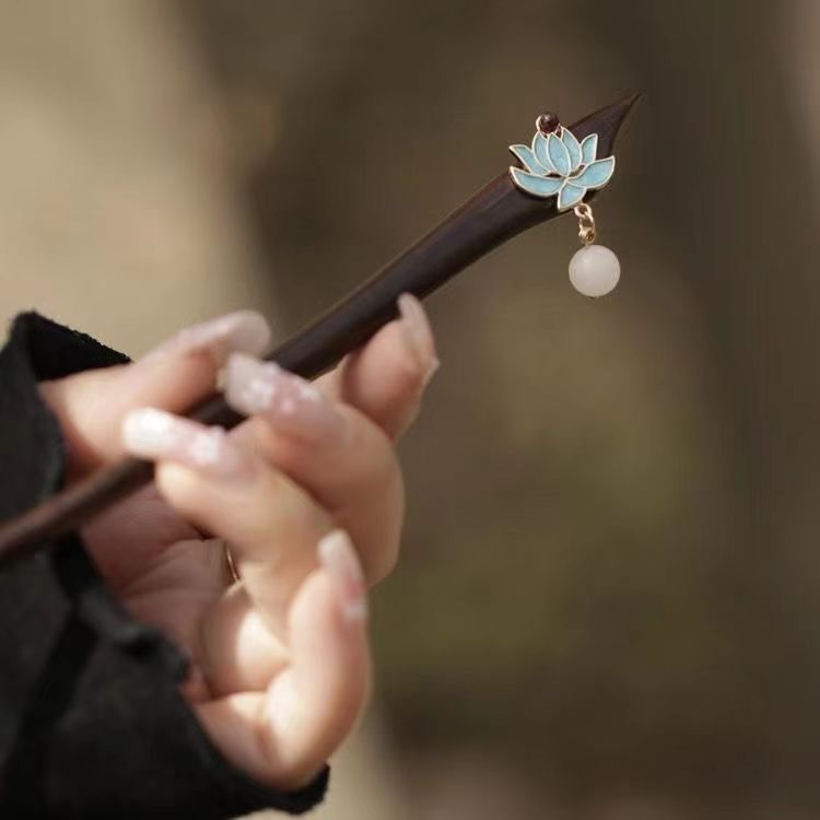 天然黑檀木古风烧蓝莲花吊坠发簪手工饰品原创盘发步摇发簪发饰女