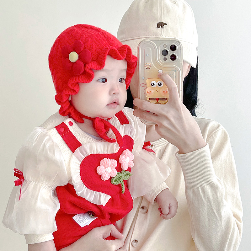 婴儿帽子秋冬款女宝宝红色针织毛线帽时尚花朵婴幼儿童防晒遮阳帽