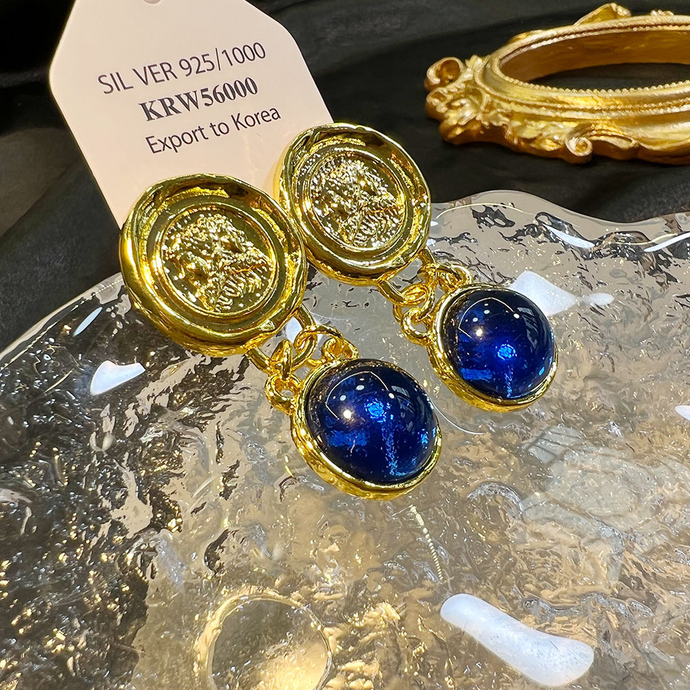 新款法式中古耳环钱币欧美轻奢复古琉璃vintage时尚耳饰耳坠批发