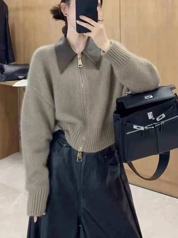 POLO领拼接拉链毛衣外套女高级感宽松慵懒风秋冬时尚显瘦外穿8111