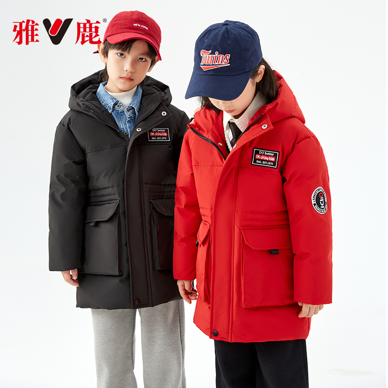 V/雅鹿儿童羽绒服男中长款2023冬季新款中大童加厚女童工装外套潮