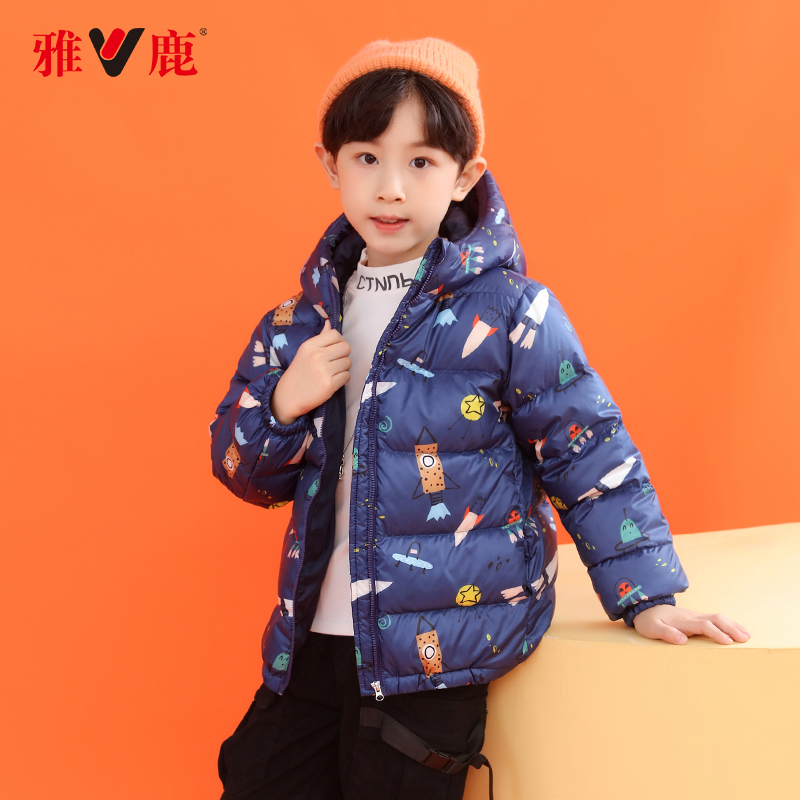 V/雅鹿童装印花新款儿童轻便羽绒服女童宝宝短款加厚洋气面包服