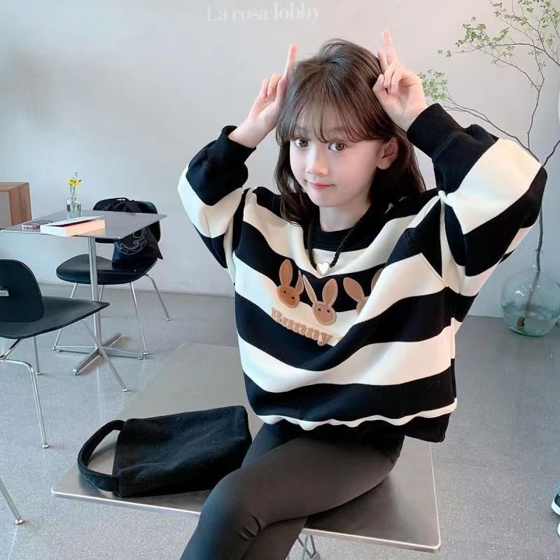 女童卫衣春秋款2023新款洋气条纹卫衣网红女宝宝秋季时尚长袖上衣