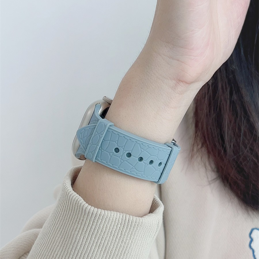 iwatch手表苹果S9表带爆款创意荔枝纹硅胶se舒适s7女款45mm腕带s8