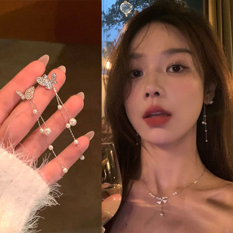 合金耳饰 蝴蝶珠珠流苏耳环女2023年新款潮耳钉高级感独特设计感