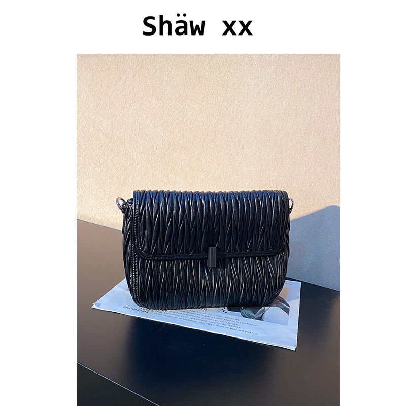 Shaw xx【墨石公园】新款头层牛皮轻奢时尚褶皱单肩小方包