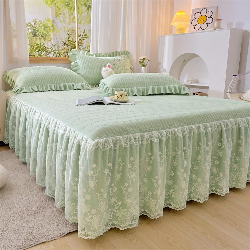 【梦趣】新款A类牛奶绒夹棉床裙三件套ins风加绒加厚水晶绒床罩防