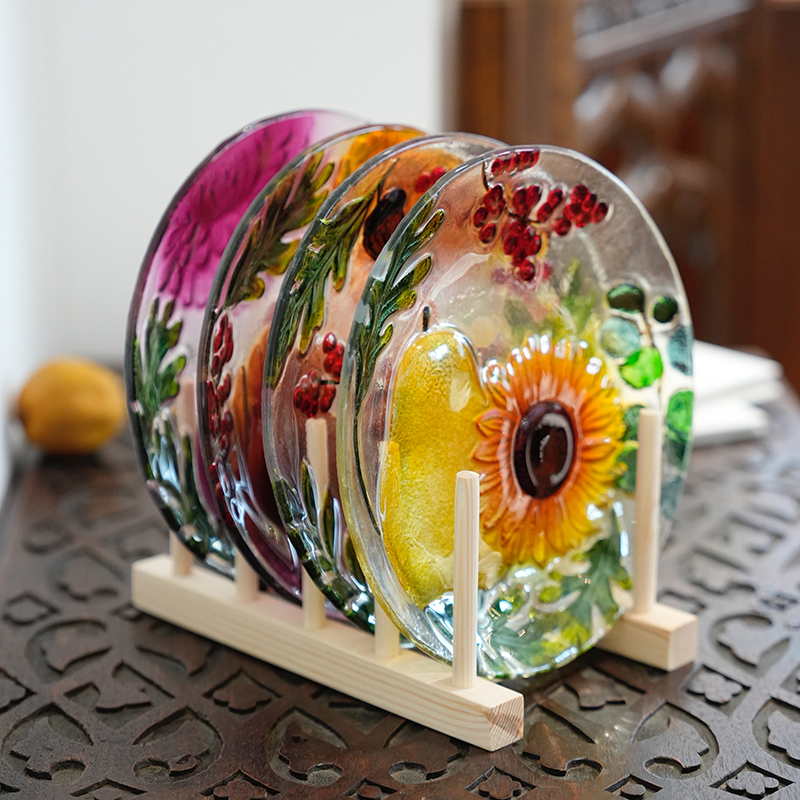 手工彩绘果蔬琉璃四件套果盘含木架20*20*2cmM