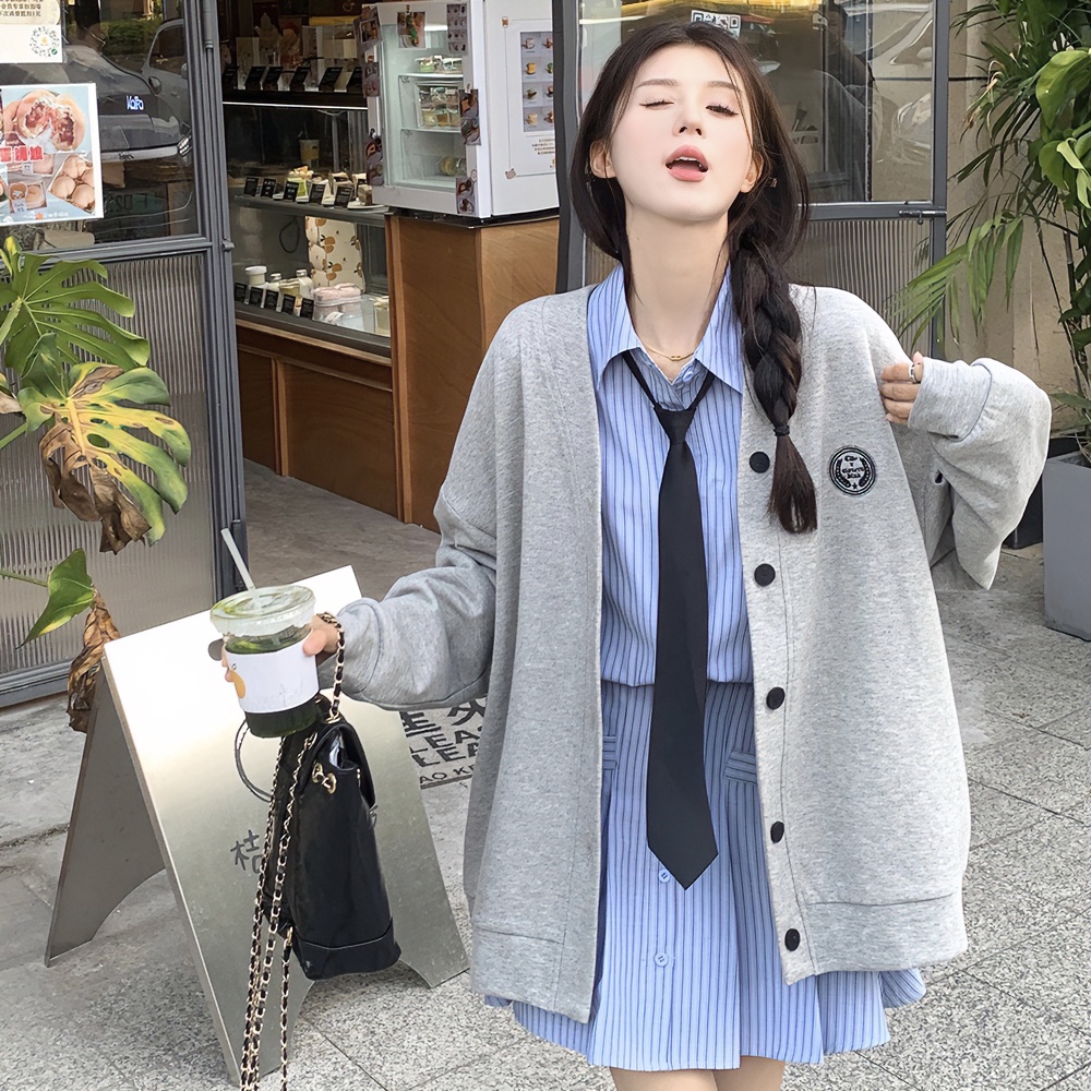 儒雅~学院风秋季套装棒球服卫衣开衫外套+衬衫连衣裙两件套#1106