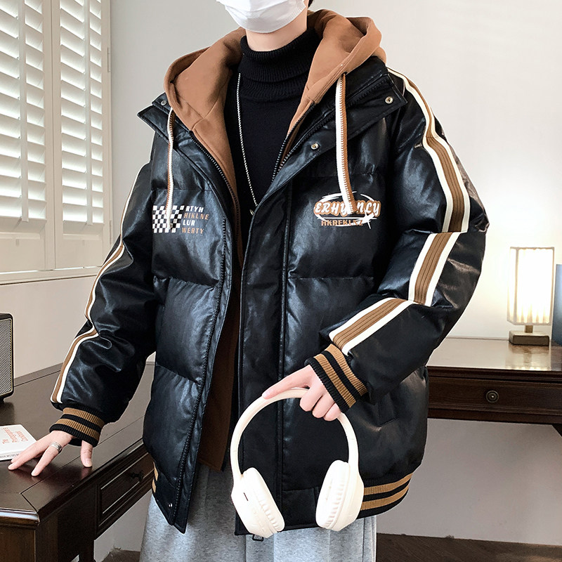2023冬季新款男士宽松假两件连帽外套皮棉衣学生青少年潮流棉服男