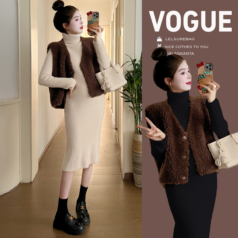 孕妇装秋冬新款款孕妇高领打底毛衣＋羊羔毛加厚马甲显瘦宽松保暖