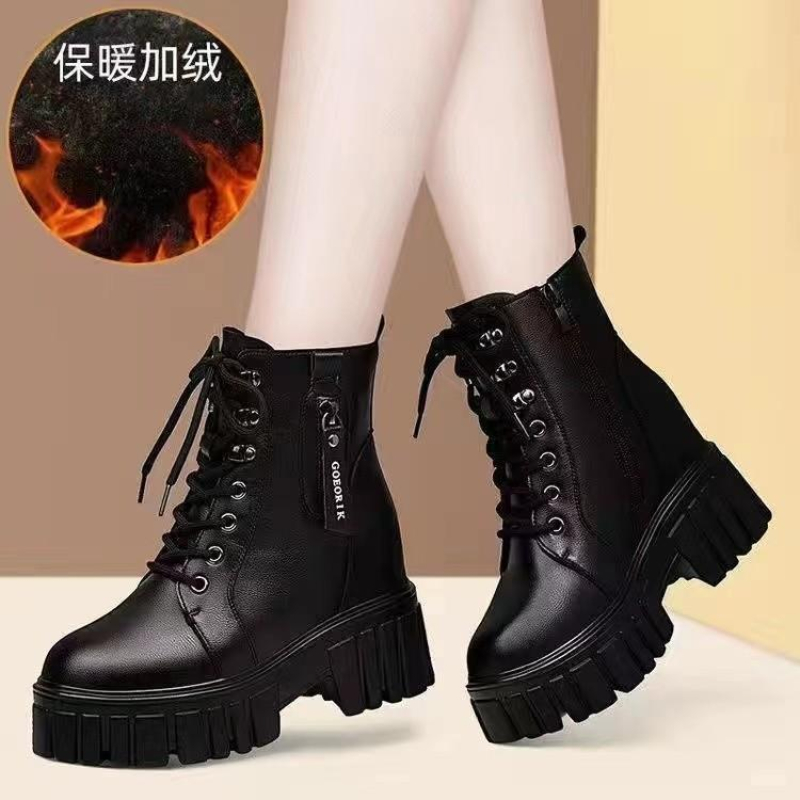 断码意尓康百搭真皮时尚马丁靴女内增高女鞋小个子厚底加绒女短靴