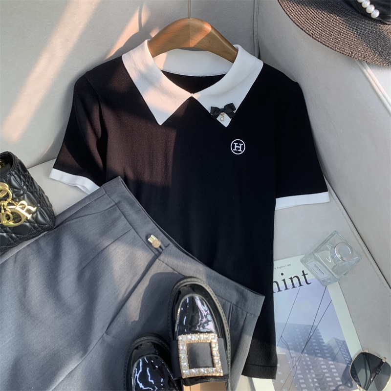 【掰倪定制】H家刺绣小LOGO 撞色翻领蝴蝶结针织衫  800247