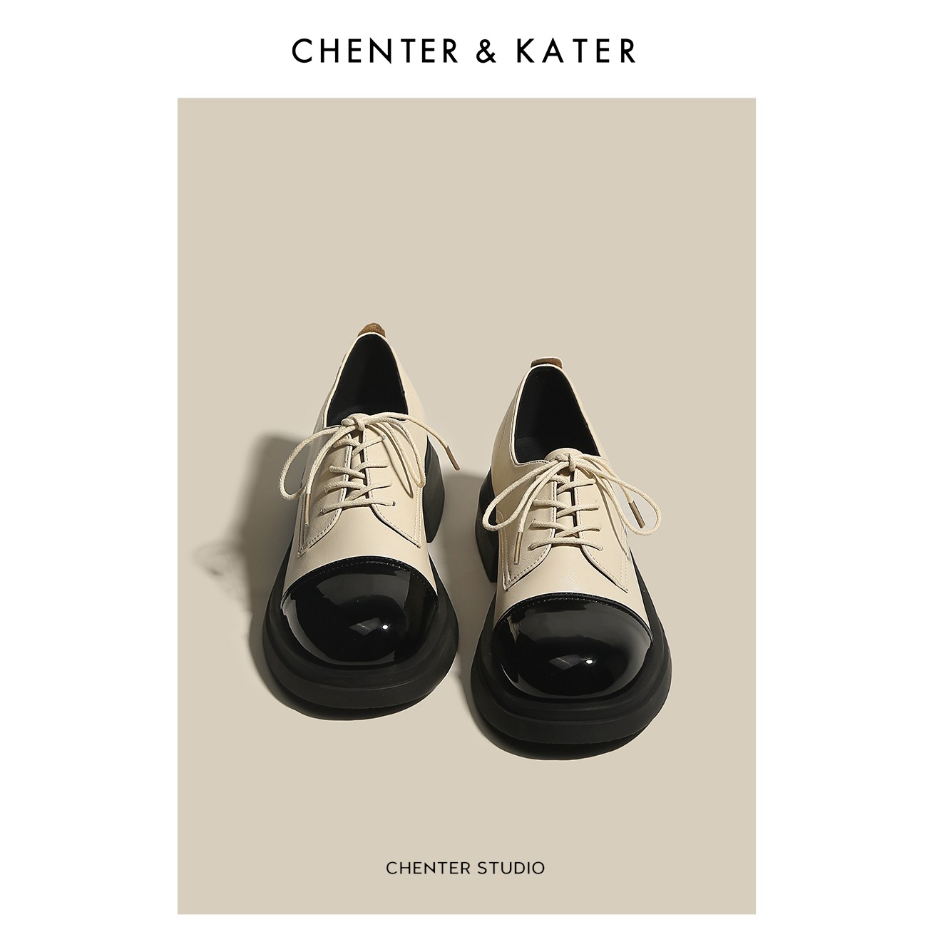现货 CHENTER KATER白色系带小皮鞋春秋女2023新款单鞋厚底乐福鞋