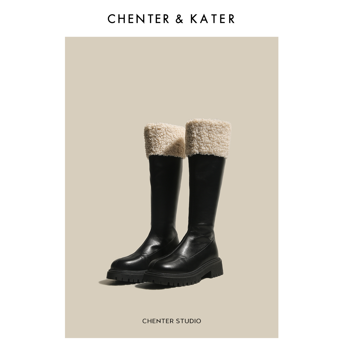 CHENTER&KATER长筒靴女2023新款厚底粗跟加绒不过膝骑士靴女秋冬