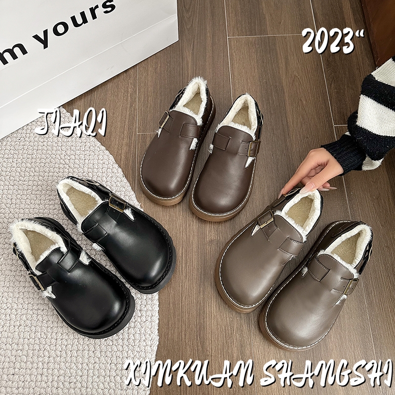 2023年厚底毛毛鞋皮带扣豆豆鞋勃肯鞋雪地棉平底一脚蹬加绒女鞋