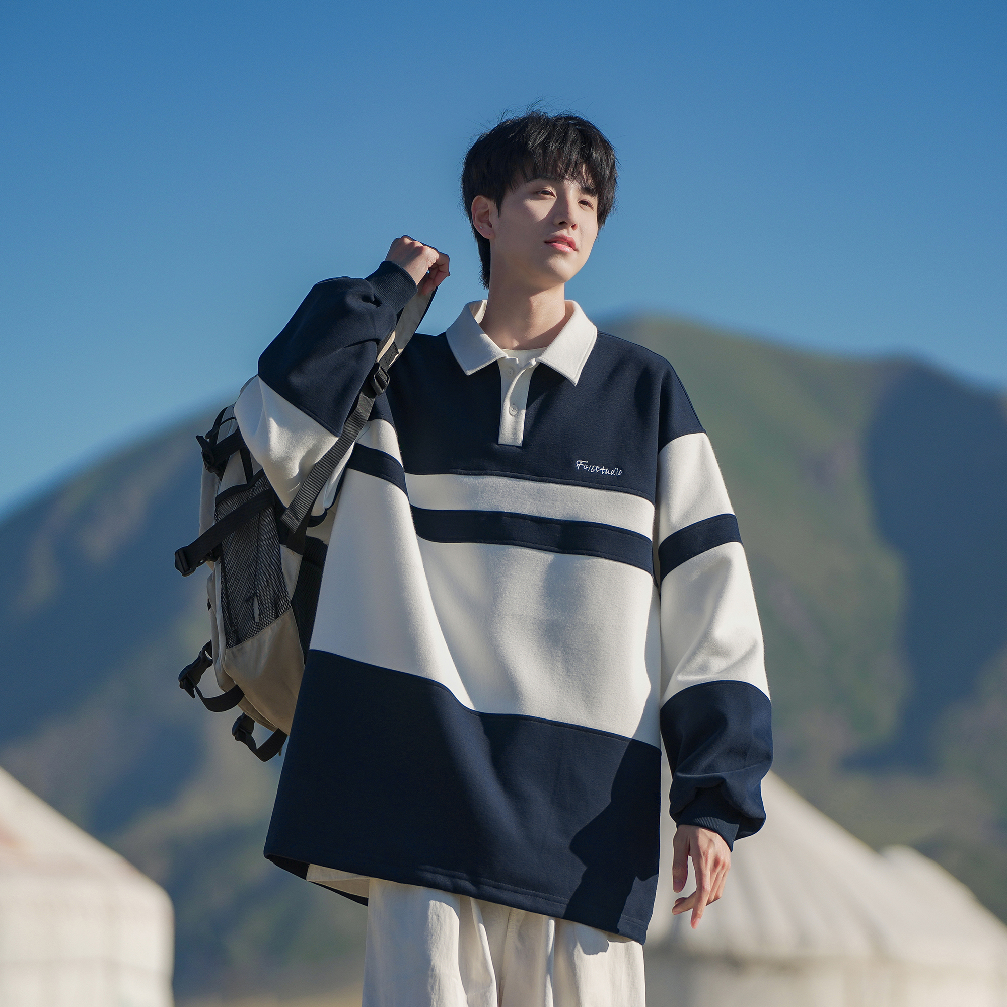 【ARTSMAN】420g重磅撞色条纹polo领卫衣男秋季美式男生无帽上衣