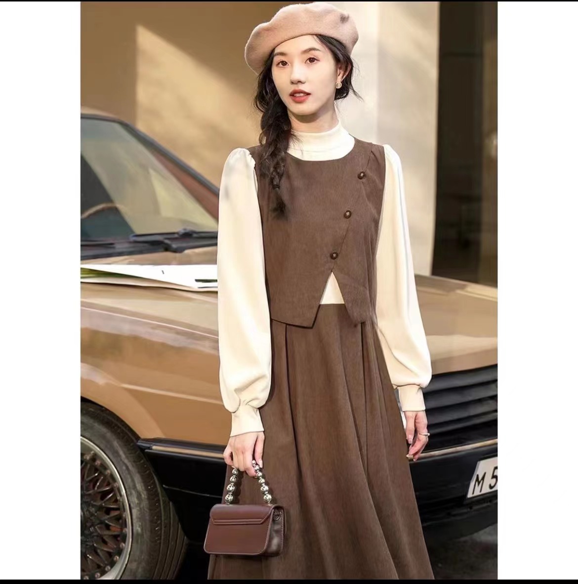 日系～灯芯绒假两件半高领显瘦收腰遮肉连衣裙女 #9355