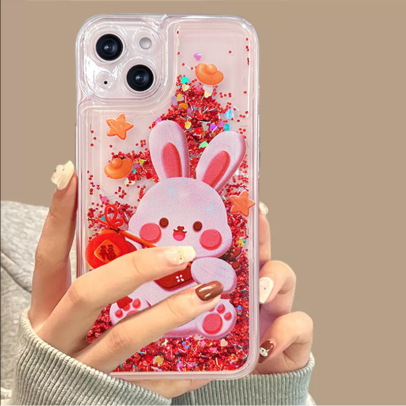 适用苹果/华为/荣耀/畅享1+oppo/vivo防摔小众胖福福兔液态流沙壳