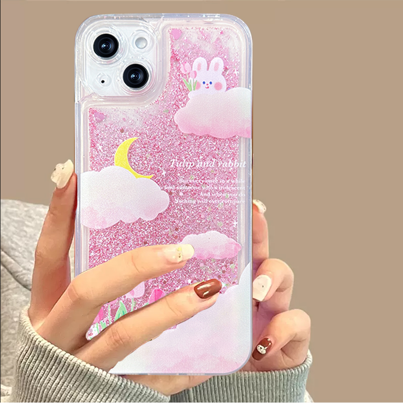 适用于苹果/华为/荣耀/畅享1+oppo/vivo防摔小众月亮兔液态流沙壳