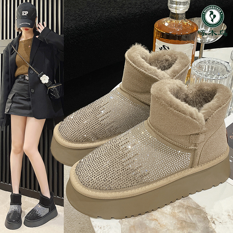 woodpecker/啄木鸟2023冬季新款雪地靴女水钻防水防滑保暖棉鞋子