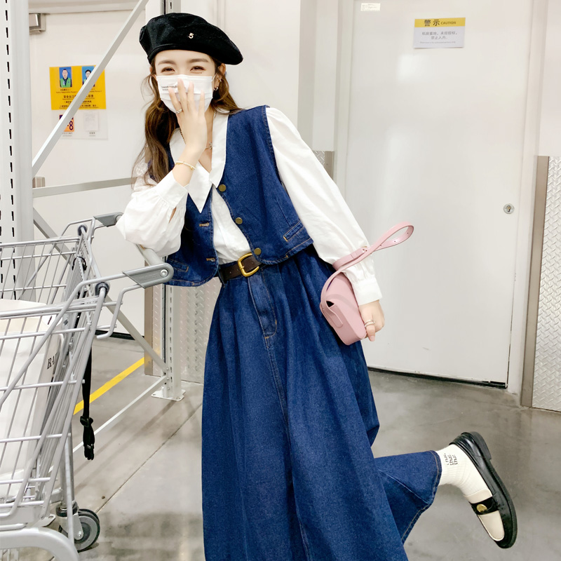 牛仔连衣裙女春秋2023年新款韩系炸街两件套盐系穿搭御姐套装裙子