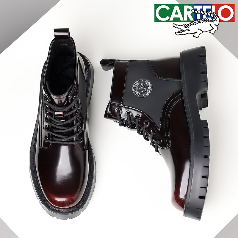 CARTELO/卡帝乐鳄鱼新款男士马丁靴亮面防水英伦风复古增高马丁靴