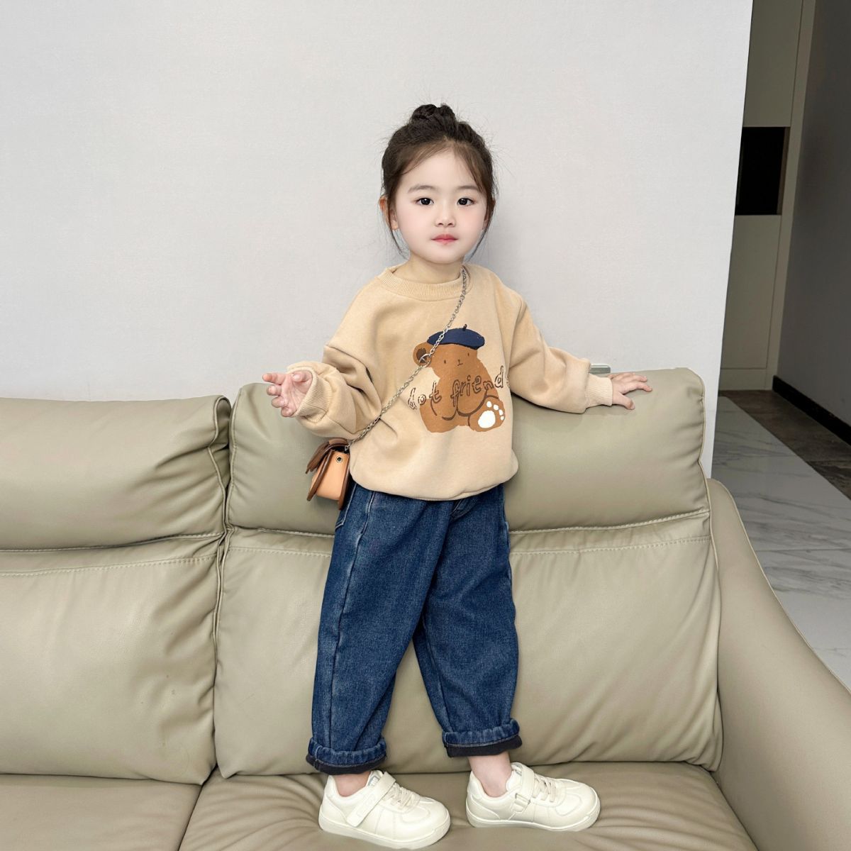 《现货》2024童装秋冬儿童加绒卫衣韩系复古男女童印花卫衣牛仔裤套