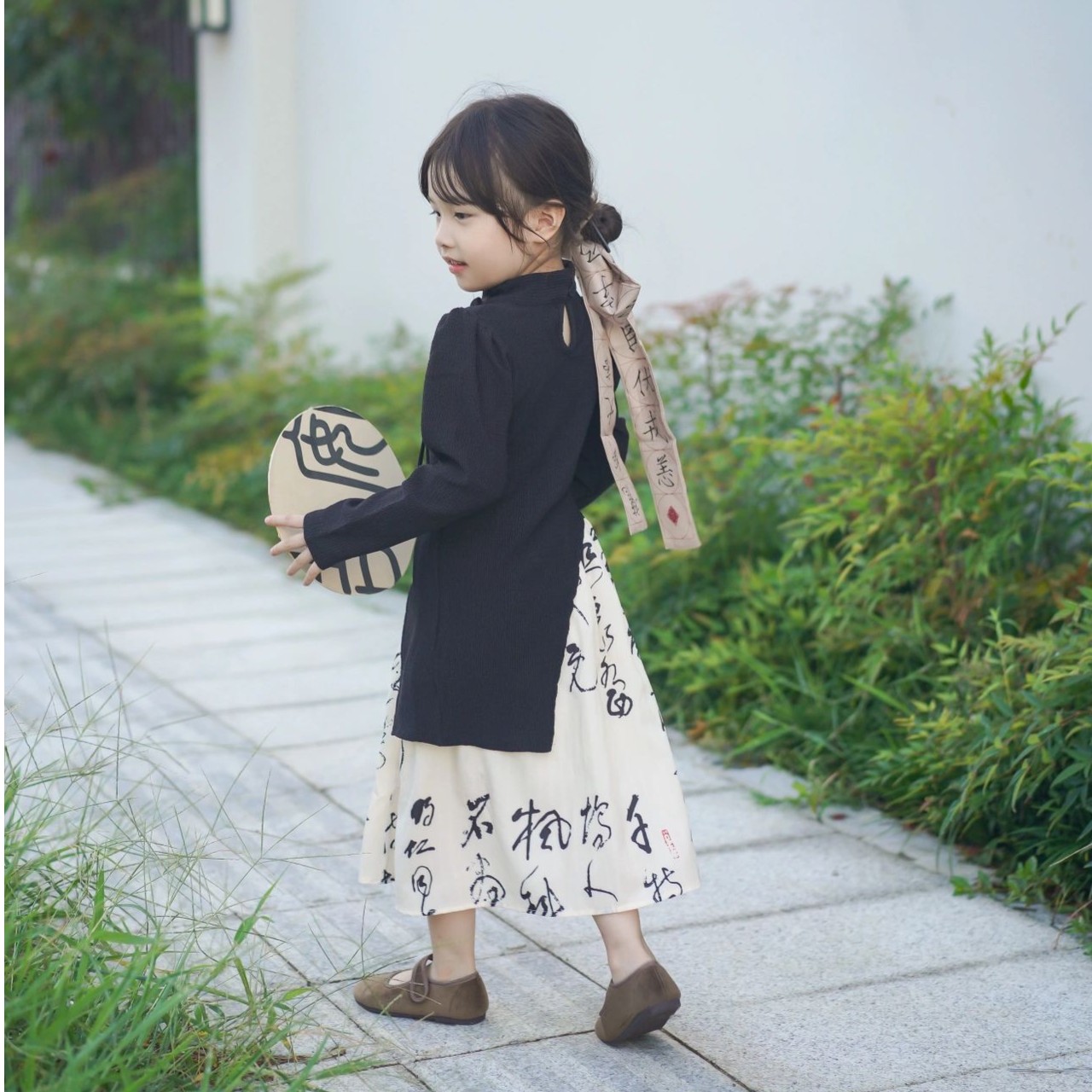 《现货》亲子装2023春季女童新中式中国风盘扣纯色上水墨书画裙子套