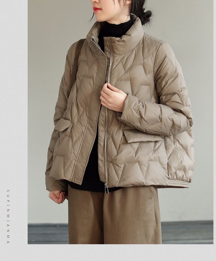 新款韩版宽松白鸭绒纯色秋冬季女短款心电图立领时尚休闲保暖外套