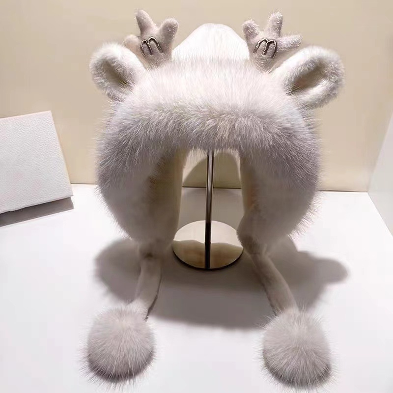 帽子女冬季可爱日系韩版百搭鹿角耳朵加厚毛绒保暖护耳雷锋毛线帽