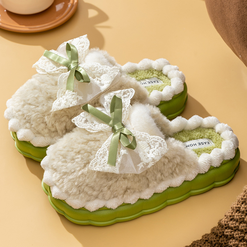 毛毛拖鞋网红家居日韩风简约蝴蝶结兔毛绒保暖棉拖情侣室内棉拖鞋