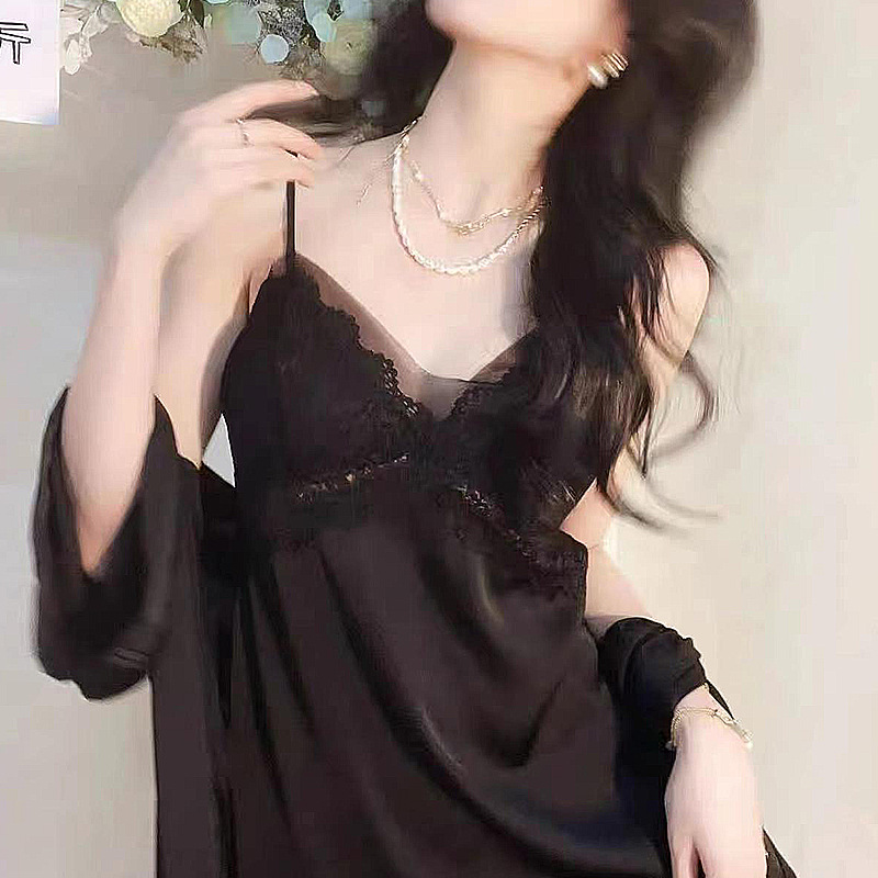 （随欲而安）性感蕾丝网纱吊带睡衣免脱纯欲家居服仿真丝带胸垫睡裙
