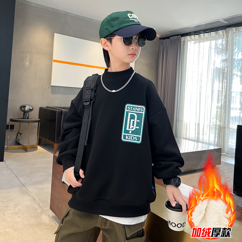 儿童服装男童加绒卫衣秋冬新款大童男装长袖韩版打底衫一体绒加厚