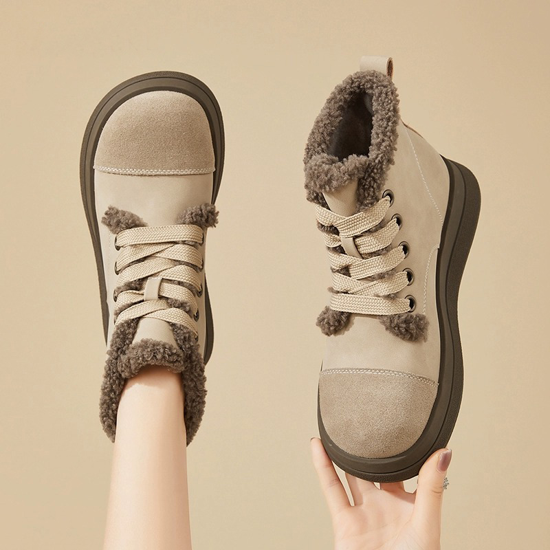 2023秋冬季新款女休闲短靴加厚面包棉鞋百搭款复古圆头厚底雪地靴