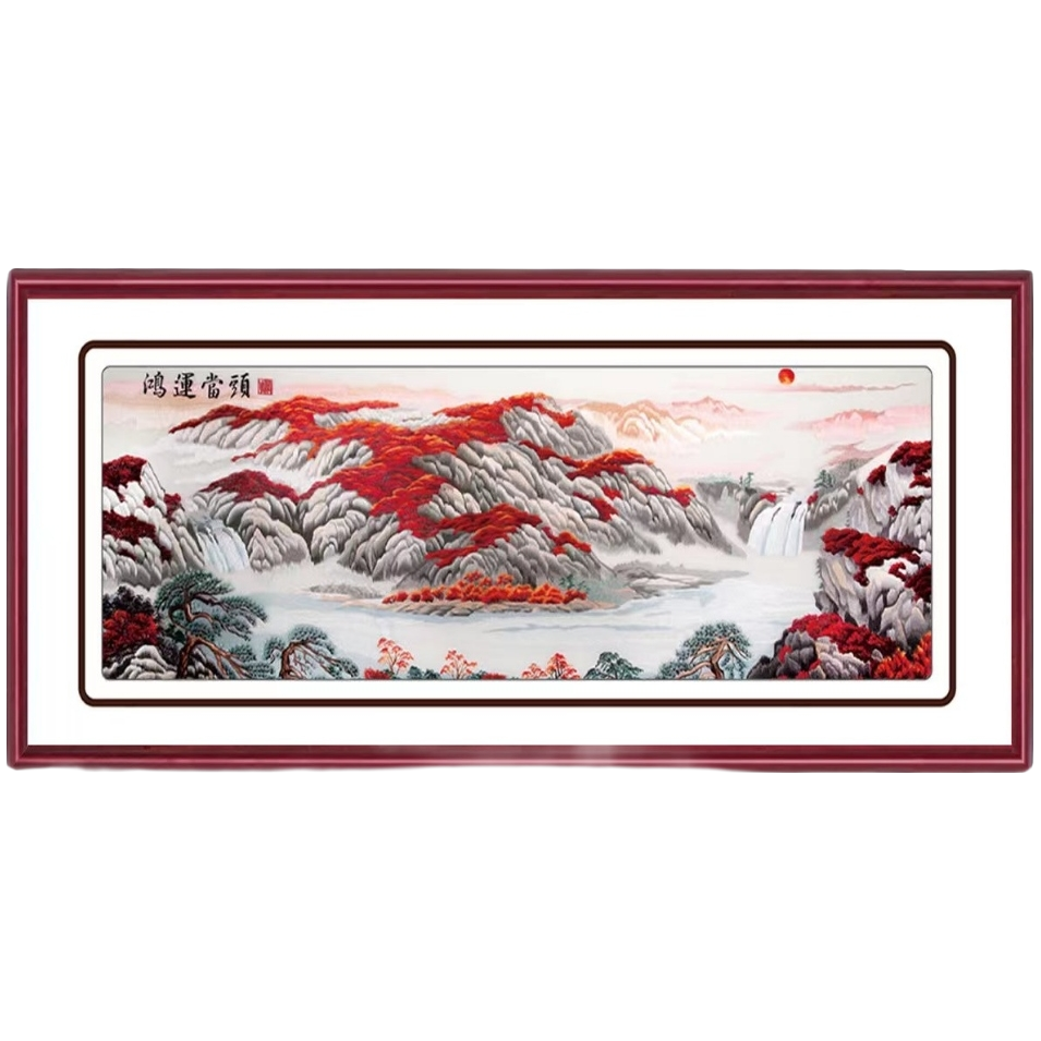 苏绣刺绣针绣桑蚕丝鸿运当头，花开富贵图案新中式客厅沙发装饰画