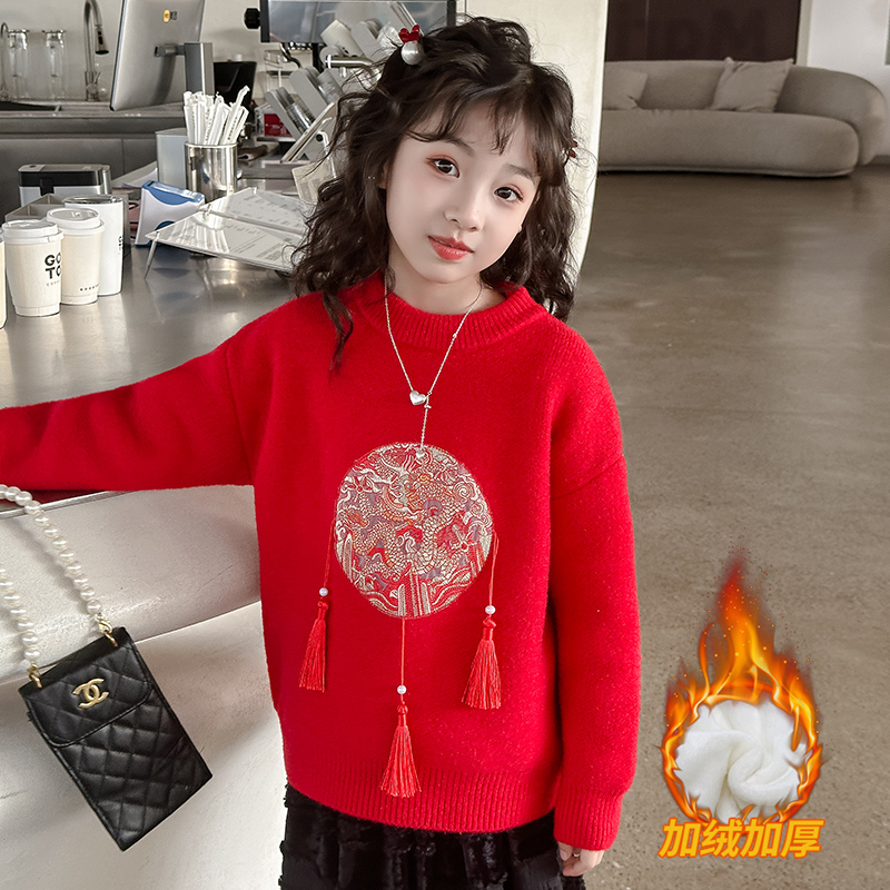 女童毛衣2023新款6-12岁15岁休闲时尚洋气中大童小女孩红色打底衫