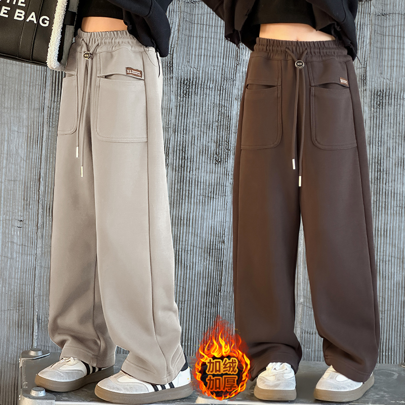 女童加绒裤子一体绒6-12岁15岁中大童2023新款冬季休闲洋气直筒裤