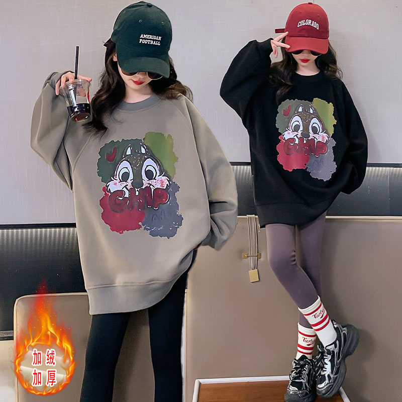 女童加绒卫衣6-12岁15岁中大童2023新款潮款网红爆款秋冬加厚上衣
