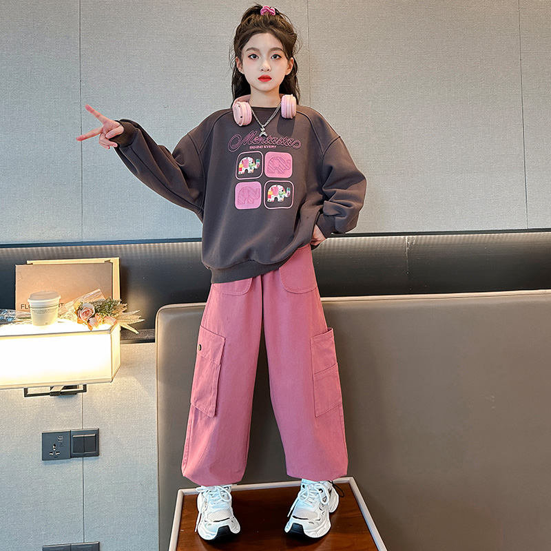 女童加绒工装裤套装2023新款6-12岁15岁中大童洋气潮款加厚两件套