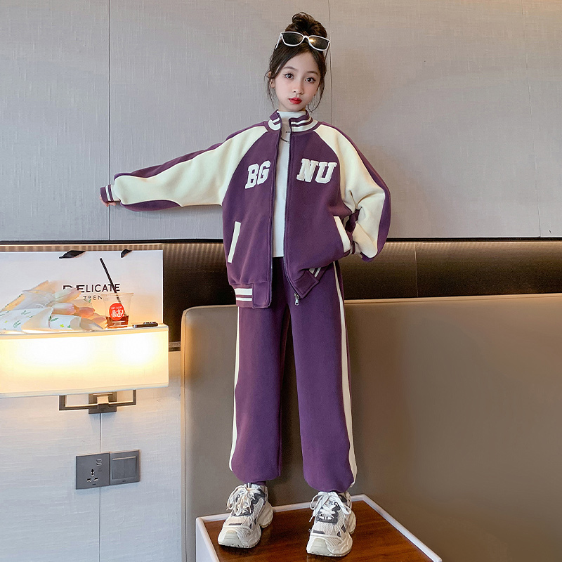女童加绒套装一体绒2023新款6-12岁15岁中大童装休闲洋气秋冬爆款