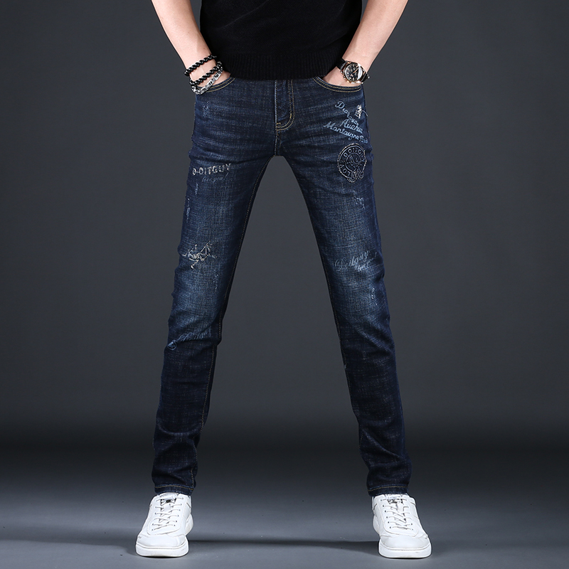男牛仔裤子时尚百搭休闲韩版秋冬厚款修身小脚男潮流刺绣印花长裤