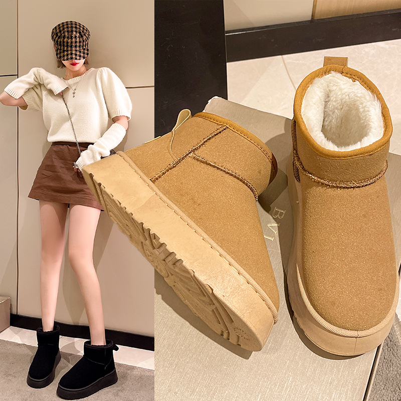 东北短筒雪地靴女加绒加厚棉鞋子2023新款厚底一脚蹬面包鞋