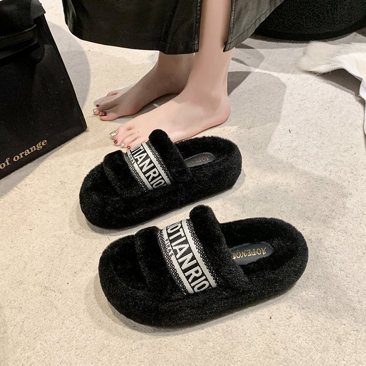 PEIFUMAN新款毛毛保暖时尚外穿字母厚底ins潮一字拖鞋女8088