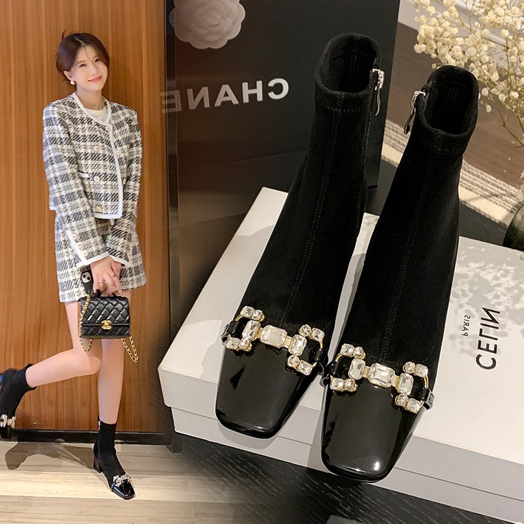 【C魅甄选】PEIFUMAM水钻弹力瘦瘦靴方头粗跟小香风高跟薄绒短靴团