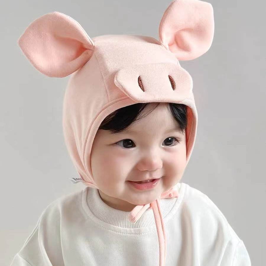 2023新款可爱超萌猪猪护耳帽子男女宝宝春夏秋冬天婴儿包头囟门棉