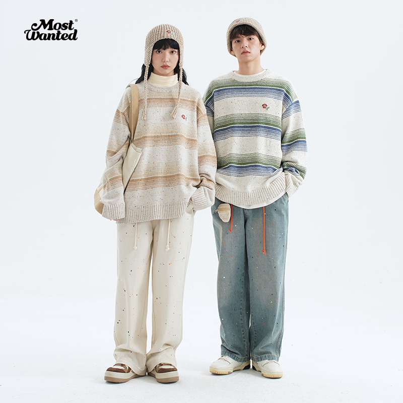 【奥莱】mostwantedlab小花绣章彩点撞色条纹毛衣MWL-2234035